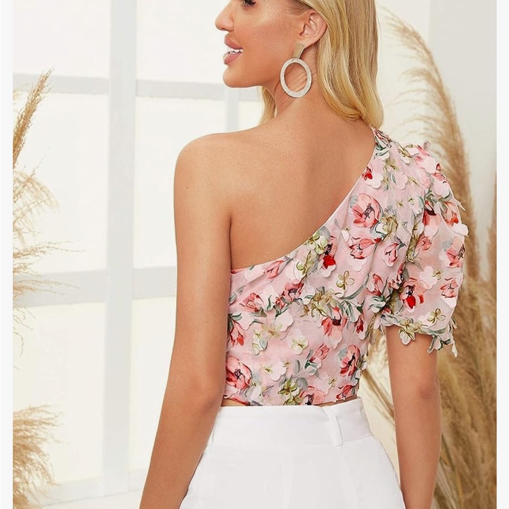 SOLY HUX Pink one shoulder puff sleeve printed crop top blouse